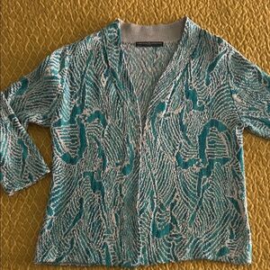 Peruvian Connection Blue Teal and Tan Patterned Pima Cotton No Button Cardigan